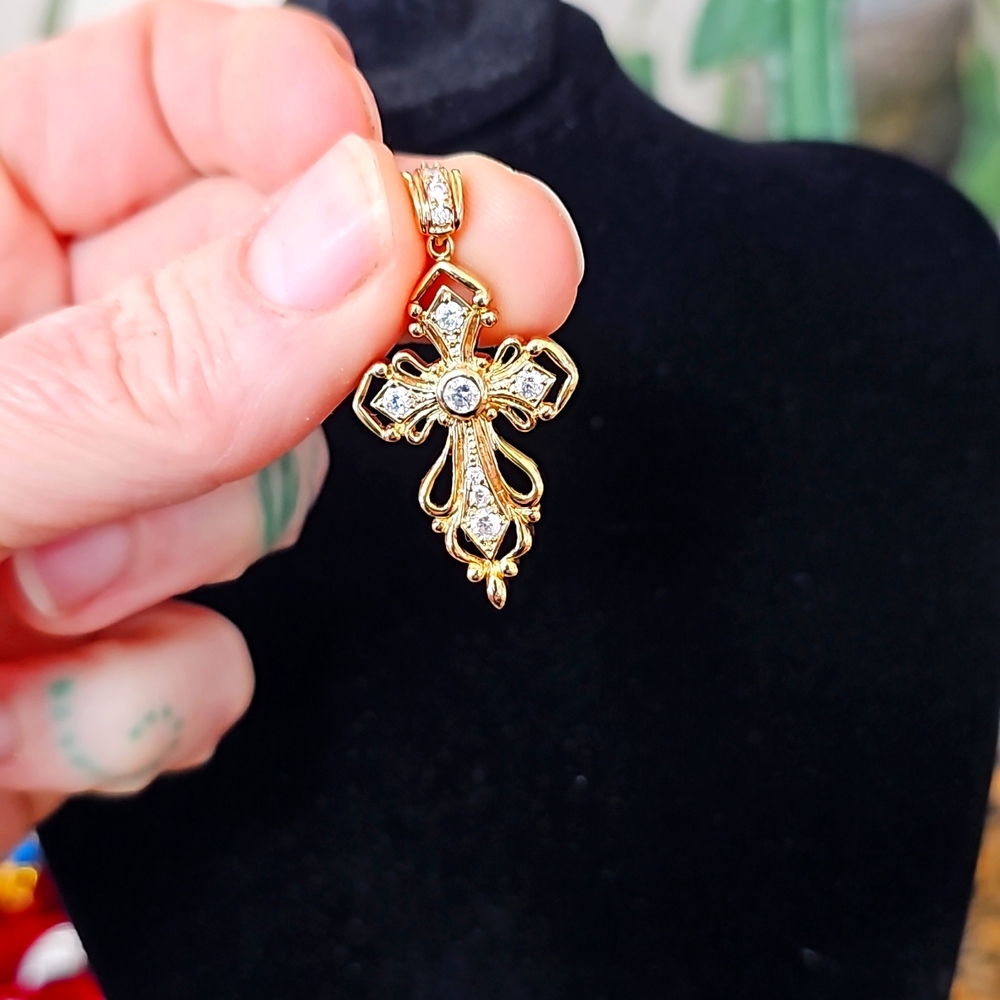Rhodium vermeil sterling silver and cz cross pendant